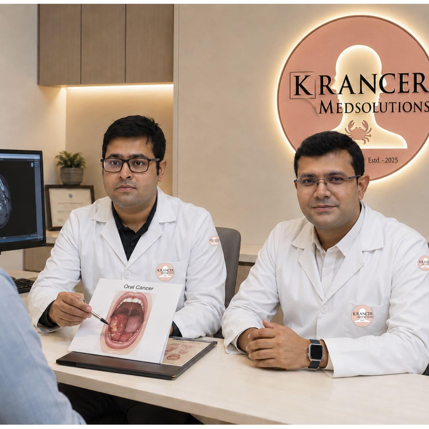 Two Krancer doctors explaining an oral cancer diagnosis to a patient using a chart and a scan