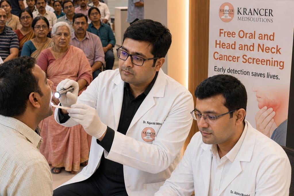 A Krancer doctor examining a patient's mouth at a free oral and head and neck cancer screening camp